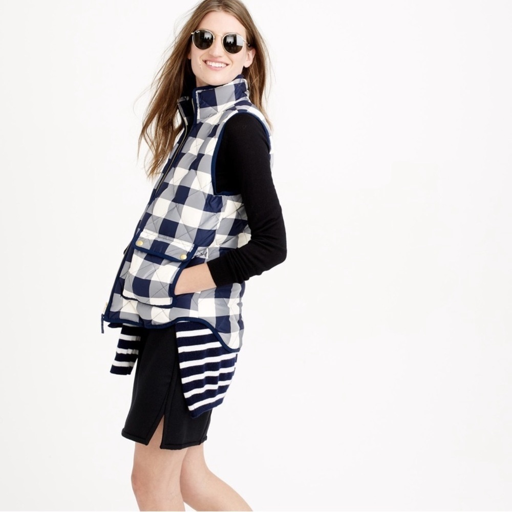 J Crew Excursion Quilted Puffer Vest Jacket Women Blue Buffalo Plaid Sz XS